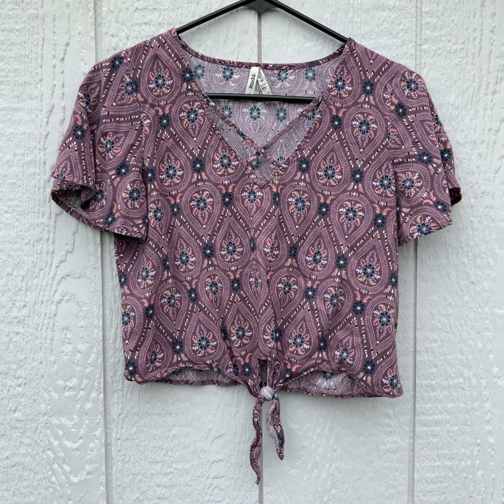 Purple, paisley, tie front, criss cross crop top